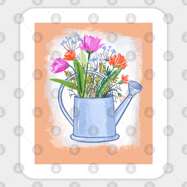 Watering Can with Flowers Spring Illustration Sticker by denizko
